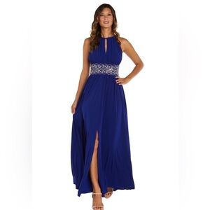 R & M Collection Elegant Blue Evening Dress with Embellished Waist